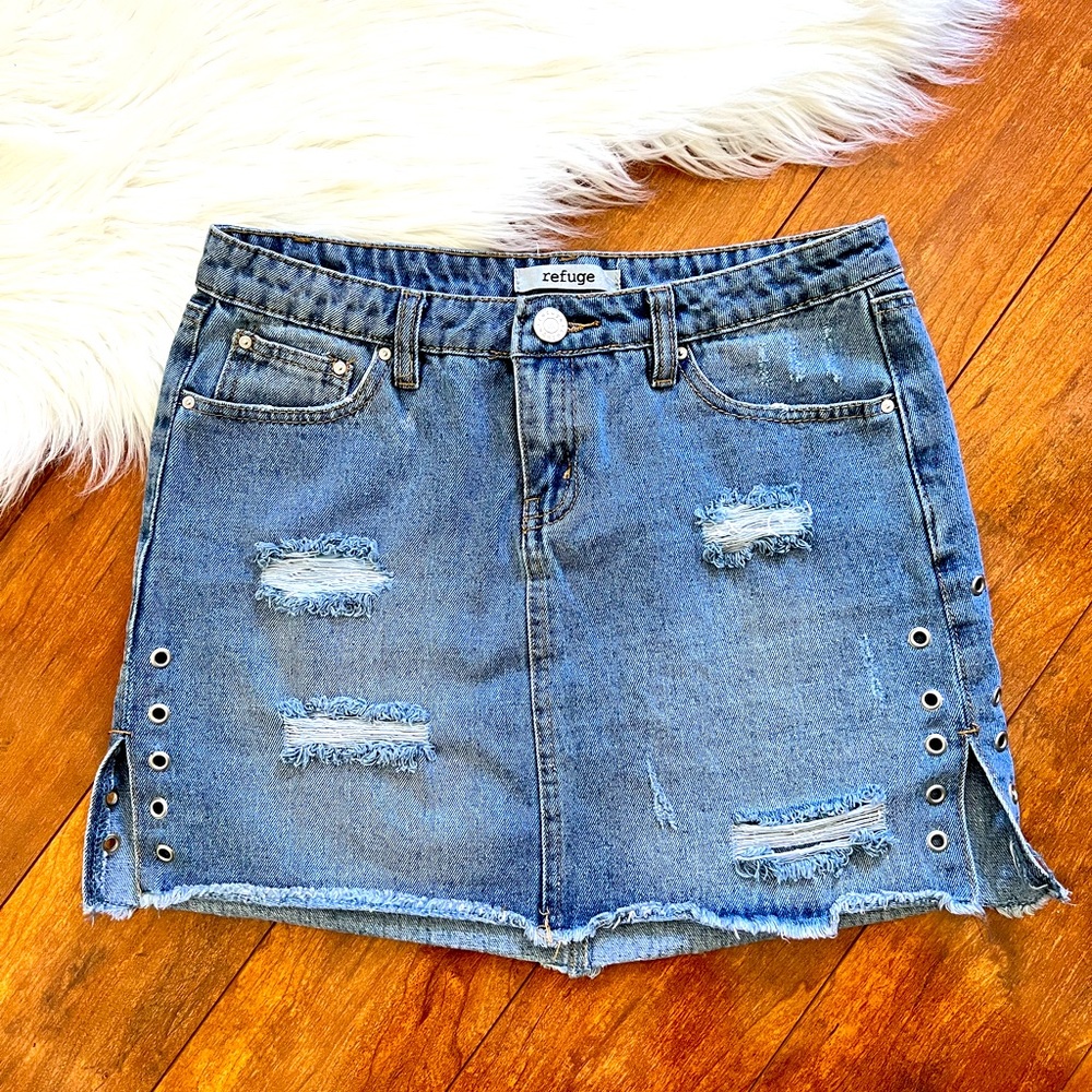 BOGO Free. Refuge Grommet Trim Distressed Fringed Denim Jean Mini Skirt-Size S